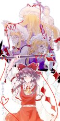  4girls absurdres artist_request ascot blonde_hair bow brown_eyes brown_hair chinese_commentary choker commentary_request detached_sleeves dress frilled_bow frilled_hair_tubes frilled_sleeves frills gap_(touhou) gohei hair_bow hair_tubes hakurei_reimu hat hat_ribbon heart heart_of_string highres holding holding_gohei holding_scissors long_hair long_sleeves mob_cap multiple_girls multiple_hair_bows multiple_persona portal_(object) purple_dress purple_tabard red_bow red_ribbon red_skirt ribbon ribbon-trimmed_sleeves ribbon_choker ribbon_trim scissors second-party_source skirt skirt_set spool tabard touhou translation_request very_long_hair violet_eyes white_dress white_hat wide_sleeves yakumo_yukari yellow_ascot 