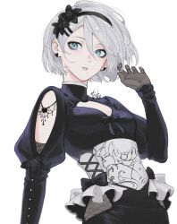  1girl 2b_(nier:automata) absurdres alternate_costume arm_cutout artist_name black_hairband black_shirt black_skirt blue_eyes breasts cleavage_cutout clothing_cutout commentary earrings flower_hairband gloves grey_gloves grey_hair hairband highres jewelry long_hair looking_at_viewer medium_breasts mistististxii nier:automata nier_(series) shirt short_hair signature simple_background skirt solo underbust upper_body white_background 