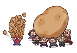  2girls 5boys animal_print beard black_bodysuit bodysuit bucky_barnes carrying chibi chibi_inset commentary facial_hair ghost_(marvel) highres john_walker_(marvel) marvel multiple_boys multiple_girls oversized_food oversized_object potato prosthesis prosthetic_arm red_guardian_(marvel) robert_reynolds simple_background spider-man spider-man:_brand_new_day spider-man_(series) spider_print superhero_costume thunderbolts_(movie) too_many untranslatable_commentary white_background yelena_belova zngkkzr 
