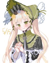  1girl black_bow black_bowtie black_capelet black_flower black_rose blonde_hair bonnet bow bow_flower bowtie capelet chinstrap clasp commentary_request dated dress fish_xxxxxx flower frilled_capelet frilled_dress frilled_sleeves frills green_bonnet green_eyes hair_flower hair_ornament highres interlocked_fingers korean_commentary lolita_fashion long_hair long_sleeves mahou_shoujo_no_majo_saiban rose simple_background solo tono_hanna twintails upper_body white_background white_flower white_rose wide_sleeves winged_hat yellow_flower yellow_rose 