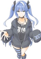  +_+ 1girl akara_kai alternate_costume alternate_hair_color black_camisole black_jacket blue_hair blunt_bangs camisole commentary highres hood hooded_jacket i-19_(kancolle) jacket kantai_collection simple_background sleeves_past_fingers sleeves_past_wrists solo striped_clothes striped_thighhighs thigh-highs tri_tails white_background white_hair yellow_eyes 