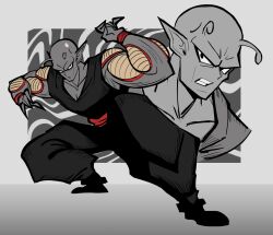  1boy alternate_color analogous_colors antennae bald black_dougi colored_skin dougi dragon_ball fighting_stance fingernails green_skin grey_theme highres knees_together_feet_apart male_focus muted_colors namekian no_eyebrows partially_colored piccolo pointy_ears projected_inset red_sash sash serious sharp_fingernails solo squatting teeth teknodice 