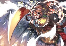 1girl battle blood blood_on_arm blood_on_face boots bow closed_mouth dress dress_ribbon fighting_stance floating_hair floral_print flower flower_ornament green_trim hair_between_eyes hair_bow hair_flower hair_ornament hair_ribbon highres holding holding_sword holding_weapon kabushikigaisha_magi-lumiere lipstick looking_at_viewer magic_circle magical_girl makeup makino_akane_(magi-lumiere) motion_blur orange_boots orange_dress orange_flower orange_hair orange_skirt pointing pointing_at_viewer pointing_melee_weapon pointing_sword promotional_art puffy_short_sleeves puffy_sleeves red_flower red_ribbon ribbon rose serious short_hair short_sleeves skirt solo standing sword teeth weapon wind yuu_choko 