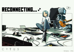  1girl 1other absurdres blue_eyes blue_hair cable collared_shirt computer copyright_logo copyright_notice cytus cytus_ii electric_guitar electric_plug expressionless grey_pants guitar hair_behind_ear hair_ornament hairclip highres humanoid_robot instrument joints keyboard_(instrument) laptop logo long_sleeves monitor_head musical_note nora_(cytus) official_art pants playing_guitar playing_instrument power_strip prosthesis prosthetic_leg robo_head_(cytus) robot robot_joints shirt short_hair sitting speaker spoken_musical_note tight_clothes tight_pants wheelchair white_shirt 