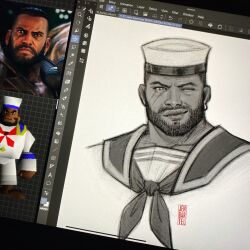  1boy art_program_in_frame artist_name barret_wallace barret_wallace_(junon_naval_crew) beard closed_mouth dark-skinned_male dark_skin earrings facial_hair final_fantasy final_fantasy_vii final_fantasy_vii_rebirth final_fantasy_vii_remake greyscale hat highres jen_bartel jewelry light_smile male_focus monochrome one_eye_closed portrait reference_inset sailor sailor_collar sailor_hat scar scar_on_cheek scar_on_face shirt short_hair single_earring sketch solo upper_body very_short_hair white_hat white_shirt 