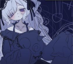  1girl bare_shoulders black_ribbon blue_background blue_dress blue_hairband bow closed_mouth commentary_request crescent crescent_necklace dress dress_bow frilled_dress frilled_hairband frilled_sleeves frills gothic_lolita hair_over_one_eye hair_ribbon hairband highres holding holding_stuffed_toy jewelry lolita_fashion lolita_hairband long_hair long_sleeves looking_at_viewer mahou_shoujo_no_majo_saiban natsume_an-an necklace off-shoulder_dress off_shoulder ojaga_moi ribbon see-through_hair sleeve_bow sleeves_past_fingers sleeves_past_wrists solo stuffed_toy unfinished upper_body violet_eyes white_hair wide_sleeves 