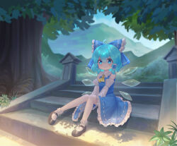  1girl absurdres adapted_costume ahoge alternate_costume ascot black_shoes blue_bow blue_eyes blue_hair blue_skirt blush bow cirno closed_mouth commentary cosplay dated_commentary detached_sleeves detached_wings frilled_bow frilled_hair_tubes frilled_skirt frills hair_bow hair_tubes hakurei_reimu hakurei_reimu_(cosplay) highres ice ice_wings looking_at_viewer mary_janes outdoors ribbon-trimmed_skirt ribbon-trimmed_sleeves ribbon_trim shoes sitting sitting_on_stairs skirt skirt_set smile socks solo stairs toorooo touhou tree white_socks wings yellow_ascot 