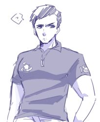  1boy ? blue_theme closed_mouth collared_shirt commentary_request highres kyokugen_dasshutsu male_focus monochrome shirt short_hair short_sleeves sigma_(kyokugen_dasshutsu) simple_background sketch solo speech_bubble split_mouth spoken_question_mark tebaken_mind upper_body very_short_hair white_background zero_escape:_toki_no_dilemma 