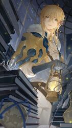  1boy absurdres ahoge alkaid_mcgrath alkaid_mcgrath_(godheim) armillary_sphere ascot belt blonde_hair blue_cape book book_stack brooch brown_belt cape chinese_commentary collared_shirt cowboy_shot crown ear_covers english_commentary from_side fur-trimmed_cape fur_trim glass_dome gloves green_eyes grey_gloves grey_vest hair_between_eyes highres holding holding_lantern indoors jewelry lantern light_particles long_sleeves looking_at_object looking_to_the_side lovebrush_chronicles male_focus medium_hair mixed-language_commentary molin night pants paper parted_lips quill scroll shirt single_ear_cover solo standing sweater_guard table tiara two-tone_cape unworn_crown vase vest white_ascot white_pants white_shirt yellow_cape 