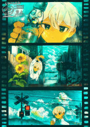  1boy arms_up bottle cable closed_mouth collared_shirt commentary_request crescent crossed_bangs dark-skinned_male dark_skin film_strip flower hair_between_eyes highres holding holding_bottle holding_ice_cream_cone ice_cream_cone jimini_shijimi long_sleeves looking_at_object looking_at_viewer mountainous_horizon multiple_views night original railroad_crossing ramune shirt short_hair stretching sunflower traffic_light white-haired_man_(jimini_shijimi) white_hair 