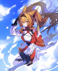  1girl absurdres angelina_(arknights) angelina_the_mellow_wish_(arknights) animal_ear_fluff animal_ears arknights black_collar black_gloves black_hairband blue_sky brown_hair chinese_commentary clouds collar commentary_request day detached_sleeves dress earpiece floating_hair flying fox_ears fox_girl gloves hair_between_eyes hairband hand_up highres long_hair long_sleeves looking_at_viewer maoi_mao multicolored_hairband outdoors sitting sky smile solo staff_riding twintails two-tone_hairband white_dress 