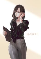  1girl adjusting_hair black_shirt blouse bracelet brown_eyes brown_hair chain chain_necklace commentary_request computer copyright_name cowboy_shot earrings eyelashes gradient_background grey_pants hands_up highres holding holding_laptop jewelry jun_(navigavi) klasse14 laptop lips long_sleeves looking_to_the_side medium_hair necklace nose original pants parted_lips product_placement shirt solo stud_earrings watch watch white_background yellow_background 