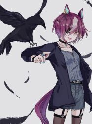  1girl animal_ears belt bird black_jacket blue_nails breasts camisole choker commentary_request crow denim denim_shorts eyepatch feathers fleur-de-lis garter_straps highres horse_ears horse_girl horse_tail jacket jewelry knee_up long_sleeves multicolored_eyes multicolored_hair open_clothes purple_hair ribbed_camisole short_hair shorts simple_background small_breasts smile solo sorekara_64 streaked_hair tail tanino_gimlet_(casual)_(umamusume) tanino_gimlet_(umamusume) umamusume violet_eyes white_background white_hair yellow_eyes 