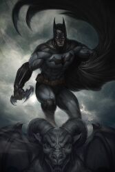  1boy bat_mask batman batman_(series) batman_symbol belt black_cape bodysuit cape cowl dc_comics grey_bodysuit holding holding_weapon male_focus multicolored_suit signature solo stanley_lau superhero_costume utility_belt weapon 