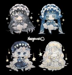  4girls absurdly_long_hair artist_name black_background black_bow black_dress black_hair black_headdress black_shoes blue_bow blue_dress blue_eyes blue_hair blue_shoes blush bow bowtie capelet chibi chibi_only closed_mouth clouds colored_eyelashes commentary_request crescent curly_hair curly_sidelocks dot_mouth double_bun dress expressionless frilled_dress frilled_hairband frills full_body fur-trimmed_capelet fur_trim gold_trim grey_eyes hair_bun hair_ornament hair_over_one_eye hairband hat holding holding_wand lace lace_trim layered_dress light_smile lolita_fashion lolita_hairband long_hair long_sleeves mary_janes mob_cap moon_phases multiple_girls naiguozi no_pupils original shoes sleep_mask smile sparkle star_(symbol) star_hair_ornament star_ornament star_wand striped_bow twintails very_long_hair wand wavy_hair white_capelet white_dress white_eyelashes white_eyes white_hair wrist_cuffs 