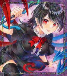  1girl adversarial_noise alto2019 asymmetrical_wings black_dress black_hair black_thighhighs blue_wings bow bowtie breasts commentary_request dress highres holding holding_polearm holding_weapon houjuu_nue large_breasts looking_at_viewer marker_(medium) medium_hair pointy_ears polearm purple_background qr_code red_bow red_bowtie red_eyes red_wings short_sleeves signature snake solo thigh-highs tongue tongue_out touhou traditional_media trident watermark weapon wings 