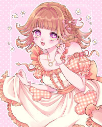  1girl :d absurdres back_bow bare_shoulders bead_bracelet beads blush border bow bracelet braid breasts center_frills collarbone commentary_request commission cowboy_shot dangle_earrings detached_sleeves dress earrings fingernails flower_symbol frilled_dress frills gingham_clothes gingham_sleeves gold_necklace gradient_eyes hair_intakes hair_ribbon hands_up head_tilt highres holding_own_dress inset_border jewelry leaning_forward long_hair looking_at_viewer medium_breasts miiyo multicolored_eyes nail_polish necklace official_art open_mouth orange_bow orange_hair orange_nails orange_ribbon orange_sleeves orange_trim original outline outside_border pink_background pink_eyes pink_ribbon polka_dot polka_dot_background puffy_short_sleeves puffy_sleeves ribbon ribbon-trimmed_sleeves ribbon_trim short_sleeves simple_background sleeveless sleeveless_dress smile solo standing white_border white_dress white_outline yellow_eyes 