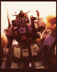  1boy after_battle army bullet_hole cockpit commentary_request damaged dirty ground_gundam gundam gundam_08th_ms_team mecha military_uniform mobile_suit nyaou open_hatch pilot pilot_chair robot science_fiction shield soldier standing_on_another's_shoulder v-fin when_you_see_it 