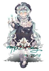  1girl antenna_hair bib_collar black_bonnet black_dress black_shoes blonde_hair blush bonnet candelabra candle candlestand closed_mouth commission doll dress full_body green_hair hair_intakes hairband happy_birthday highres holding holding_doll liangqi_shi long_hair long_sleeves mihuashi_commission original pacifier shoes socks very_long_hair white_background white_bonnet white_hairband white_socks yellow_eyes 