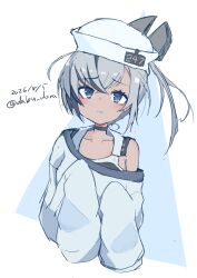  1girl absurdres dabu_dora dace_(kancolle) dark-skinned_female dark_skin dated dixie_cup_hat grey_eyes grey_hair hat headgear highres kantai_collection military_hat one-hour_drawing_challenge oversized_clothes oversized_shirt shirt side_ponytail sleeves_past_fingers sleeves_past_wrists solo swimsuit swimsuit_under_clothes twitter_username upper_body white_hat white_shirt 