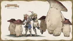  1boy 1other ambiguous_gender armor blood blood_on_body blood_on_hand chosen_undead commentary creature dark_souls_(series) dark_souls_i english_text gauntlets greaves hands_on_another's_back helmet knight looking_back mcs_137 mushroom mushroom_child mushroom_parent plume red_scarf scarf shoulder_armor shoulder_plates solaire_of_astora sweatdrop tabard untranslatable_commentary worried 