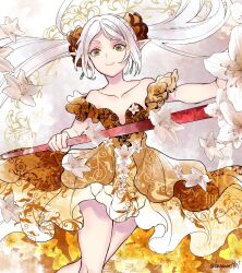  1girl bare_shoulders closed_mouth commentary_request dress earrings elf flat_chest floating_earrings floral_background flower frieren green_eyes highres holding holding_staff jewelry lily_(flower) long_hair mage_staff nanahachi_77889 off-shoulder_dress off_shoulder orange_dress parted_bangs pointy_ears smile solo sousou_no_frieren staff teardrop_earrings twintails upper_body white_flower white_hair 