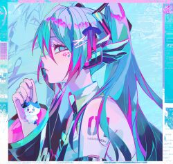  1girl absurdres arm_tattoo bare_shoulders black_sleeves blue_background blue_eyes blue_hair blue_nails blue_necktie blue_trim cameo charm_(object) chiikawa closed_mouth collared_shirt colored_tips commentary detached_sleeves english_commentary facial_tattoo fingernails hachiware_(chiikawa) hair_ornament hair_ribbon hairclip hatsune_miku headset highres holding holding_charm kanniiepan long_hair looking_at_viewer multicolored_hair multicolored_nails multicolored_outline nail_polish necktie pink_nails pink_ribbon pink_streaks ribbon shirt sleeveless solo square_hair_ornament streaked_hair tattoo very_long_hair vocaloid white_shirt x_hair_ornament 