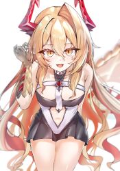  1girl :d absurdres argente_(shadowverse) argente_(shadowverse)_(cosplay) arm_behind_back bare_shoulders blonde_hair claws clothing_cutout commentary_request cosplay cowboy_shot dragon_girl dragon_horns facial_mark gem hand_on_own_ear highres horns long_hair looking_at_viewer lumiore_(shadowverse) multicolored_hair navel navel_cutout pointy_ears red_gem red_hair red_horns scales shadowverse shadowverse:_worlds_beyond sidelocks simple_background single_hair_intake skirt slit_pupils smile solo two-tone_hair very_long_hair white_background yahan_(mctr5253) yellow_eyes 