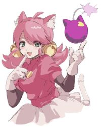  1girl :d ahoge animal_ears bell bell_ear_ornament bomb cat_ears cat_girl cat_tail commentary_request deltarune explosive fang gloves gold_bell green_eyes hair_bell hair_ornament heart heart_locket heart_necklace highres jewelry mad_mew_mew magical_girl necklace open_mouth pink_hair pink_shirt rein_12 shirt skin_fang skirt smile solo tail utdr_(toby_fox) white_gloves white_skirt 