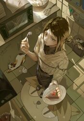  1girl absurdres black_sandals blonde_hair brown_eyes cake cake_slice cat chinese_commentary commentary_request food fork from_above fruit hair_bun highres holding holding_fork holding_plate indoors microwave multicolored_hair original plate roots_(hair) sandals shenqiiiii shirt short_hair single_hair_bun solo standing strawberry whisk white_shirt 