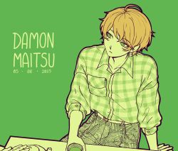  1boy 2025 absurdres ahoge belt birthday blonde_hair collared_shirt commentary cup damon_maitsu english_commentary flat_color green_background green_eyes highres leaning_back official_art pants plaid_clothes plaid_shirt project:_eden's_garden shirt short_hair short_sleeves solo table 