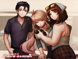  1boy 2girls black_hair black_shirt blonde_hair blue_eyes brown_hair brown_skirt camera commentary curvy eloise_taulner english_commentary eyewear_on_head grace_madison hair_slicked_back hand_in_pocket highres holding holding_camera komatsuzaki_rui_(style) light_smile logo long_hair looking_at_viewer low_ponytail multiple_girls parted_bangs plaid_clothes plaid_skirt polka_dot polka_dot_background polo_shirt ponytail project:_eden's_garden red_eyes seraph_(sera_phiel) shirt short_hair sidelocks skirt smile tank_top violet_eyes white_shirt white_tank_top wolfgang_akire 