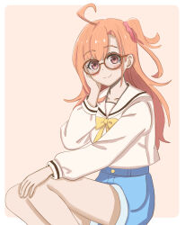  1girl absurdres ahoge bespectacled blue_shorts blush border brown-framed_eyewear closed_mouth collarbone commentary_request feet_out_of_frame glasses hair_ornament hair_scrunchie hand_on_own_cheek hand_on_own_face hand_on_own_knee highres ikizulive!_love_live!_bluebird invisible_chair long_hair long_sleeves looking_at_viewer love_live! one_side_up orange_background orange_eyes orange_hair outside_border pink_scrunchie sailor_collar sailor_shirt scrunchie shirt short_shorts shorts simple_background sitting smile solo takahashi_polka white_border white_sailor_collar white_shirt yuyuyu02282 