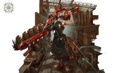  1boy abs absurdres and_dumb516 biceps black_pants black_tank_top factory green_horns highres holding holding_behind_back holding_weapon_behind_back horns mechanical_arms muscular muscular_male original pants pectorals pointy_ears scar scar_on_arm tank_top 