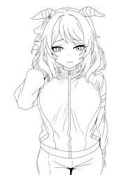  1girl animal_ears arm_behind_head commentary_request cowboy_shot eyelashes greyscale hair_ribbon highres hishi_miracle_(umamusume) horse_ears horse_girl jacket lineart long_sleeves medium_hair monochrome pants ribbon simple_background smapy_sumataku solo track_jacket track_pants track_suit umamusume variant_set white_background zipper 