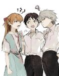  1girl 2boys aaanoa black_hair black_pants collared_shirt eye_contact grey_hair highres ikari_shinji long_hair looking_at_another multiple_boys nagisa_kaworu neon_genesis_evangelion o3o open_mouth orange_hair pants school_uniform shirt short_sleeves simple_background souryuu_asuka_langley squiggle sweatdrop tokyo-3_middle_school_uniform white_background white_shirt 