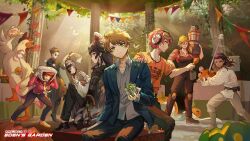 4boys 5girls absurdres ant_tenna ant_tenna_(cosplay) azurierakey black_hair black_shirt blonde_hair blue_eyes cassidy_amber chicken_costume cosplay damon_maitsu desmond_hall dreadlocks drill_hair engineer_(tf2) engineer_(tf2)_(cosplay) eva_tsunaka glasses grace_madison gradient_hair green_eyes hairband halloween highres ingrid_grimwall jacket kai_monteago_(project:_eden's_garden) kayura_toshiko long_hair luke_skywalker luke_skywalker_(cosplay) multicolored_hair multiple_boys multiple_girls muscular muscular_female necktie official_art outdoors pink_hair project:_eden's_garden red_hair red_hairband red_shirt shirt short_hair side_part sidelocks skirt toned toned_female ulysses_wilhelm very_long_hair wavy_hair white_jacket white_shirt yellow_necktie yi_sang_(project_moon) yi_sang_(project_moon)_(cosplay) 