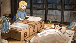  2girls :d absurdres bird black_hair blonde_hair blue_eyes blue_pajamas box cardboard_box character_figure chicken diva_(hyxpk) duck electric_fan elekid english_commentary futon grey_eyes highres long_hair lying metapod multiple_girls on_floor original pajamas pillow short_hair smile 
