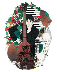  1boy 8er8er1s abbey_road black_hair black_jacket black_pants black_suit bug closed_mouth collared_shirt commentary commission flower guitar hand_on_own_cheek hand_on_own_face highres instrument jacket ladybug male_focus pants paul_mccartney piano_keys pink_flower pink_rose polaroid_photo real_life rose shirt short_hair solo suit suit_jacket the_beatles twitter_username untranslatable_commentary walrus white_background white_shirt 