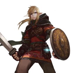  1boy armor belt belt_buckle black_cape black_gloves blonde_hair blue_eyes breastplate brown_belt brown_pants buckle cape chainmail check_clothing clenched_hand clothing_request commentary cowboy_shot fantasy fingerless_gloves gloves glowing hair_between_eyes highres holding holding_shield holding_sword holding_weapon hood hood_down hooded_cape hylian_set_(zelda) jun_(navigavi) link lips looking_at_viewer male_focus nose pants parted_lips pauldrons pointy_ears ponytail red_tunic ribbed_sweater shield shoulder_armor sidelocks simple_background single_pauldron solo sweater sword teeth the_legend_of_zelda the_legend_of_zelda:_breath_of_the_wild tunic turtleneck turtleneck_sweater untranslatable_commentary vambraces weapon white_background 