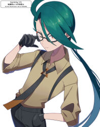  1girl adjusting_eyewear ahoge androgynous asymmetrical_bangs black_gloves black_necktie black_pants bright_pupils cat_eye-framed_eyewear closed_mouth collared_shirt commentary_request glasses gloves green_hair long_hair necktie one_eye_closed pants pokemon pokemon_scarlet_and_violet ponytail red_eyes reverse_trap rika_(pokemon) riki_(inushima_) shirt smile solo suspenders white_pupils 