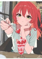  1girl artist_logo artist_name blurry blurry_background bocchi_the_rock! closed_mouth collarbone commentary cup drinking_glass english_commentary feeding_viewer food fruit green_eyes green_shirt hair_between_eyes hand_on_own_chin head_rest highres holding holding_spoon ice_cream_spoon indoors kita_ikuyo light_blush logo long_hair minusk9 one_side_up outstretched_arm parfait parfait_glass red_hair shirt short_sleeves solo spoon strawberry strawberry_parfait table window 