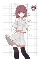  1girl :t animal_ear_headphones animal_ears bare_shoulders black_thighhighs blunt_bangs blush bob_cut brown_hair cat_ear_headphones cat_ears character_name chibi chibi_inset closed_mouth clothing_cutout collared_shirt commentary drawn_ears drawn_whiskers fake_animal_ears grid_background hair_intakes headphones highres holding_own_skirt ikizulive!_love_live!_bluebird jacket light_frown looking_at_viewer love_live! midriff miniskirt nagisa_iori pinstripe_jacket pinstripe_pattern pinstripe_skirt sasaki_shion shirt short-sleeved_jacket short_hair short_sleeves shoulder_cutout skirt thigh-highs violet_eyes what_is_my_life?_(love_live!) white_background zettai_ryouiki 