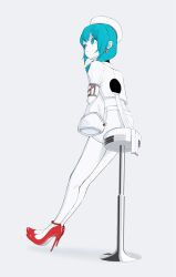  1girl aqua_hair closed_mouth colored_skin commentary dangle_earrings earrings expressionless hat hatsune_miku high_heels highres jewelry looking_up low_twintails r-906 red_shoes shoes short_twintails simple_background sitting skirt sleeves_past_fingers sleeves_past_wrists solid_circle_pupils twintails vocaloid white_background white_hat white_skin white_skirt wonder_(vocaloid) 