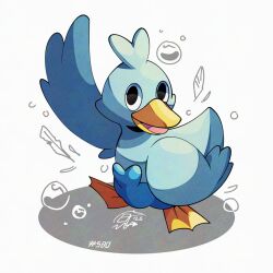  bird bubble duck ducklett looking_at_viewer mistray-art no_humans open_mouth pokemon pokemon_(creature) signature simple_background solo white_background 