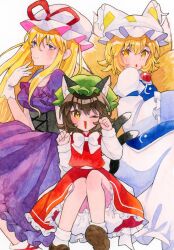  3girls absurdres animal_ear_fluff animal_ear_piercing animal_ears animal_hat blonde_hair bloomers blue_tabard blush bow bowtie brown_eyes brown_hair brown_shoes cat_ears cat_tail chen closed_mouth commentary_request dress earrings fox_tail gloves green_hat hat hat_ribbon highres hoop_earrings jewelry kitsune long_hair long_sleeves mob_cap multiple_girls multiple_tails nekomata pppppks purple_dress red_ribbon red_skirt red_vest ribbon shirt shoes single_earring skirt smile socks tabard tail touhou two_tails vest violet_eyes white_bloomers white_bow white_bowtie white_dress white_gloves white_hat white_shirt white_socks yakumo_ran yakumo_yukari yellow_eyes 