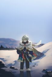  1boy absurdres ahoge alyosha_(genshin_impact) black_boots black_gloves black_pants black_shirt blue_jacket blue_sky blurry blurry_background blush boots cape choco095000 commentary day earmuffs english_commentary floating_cape forest freckles full_body fur-trimmed_boots fur-trimmed_cape fur-trimmed_sleeves fur_trim genshin_impact gloves green_hair gun hair_between_eyes hand_up highres holding holding_gun holding_weapon hood hooded_cape jacket long_sleeves looking_at_viewer male_focus mountain nature outdoors pants pine_tree rifle rock scenery shadow shirt short_hair sky sniper_rifle snow solo standing tree turtleneck turtleneck_shirt weapon white_cape winter yellow_eyes 