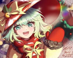  1girl adapted_costume bell bow box chinese_commentary christmas commentary_request dated frilled_sleeves frills gift gift_box green_eyes green_hair hat hat_bow highres holding holding_gift jacket jingle_bell komeiji_koishi long_sleeves looking_at_viewer medium_hair merry_christmas mittens open_mouth red_hat red_mittens red_scarf scarf smile solo touhou yellow_bow yellow_jacket z0xy439 
