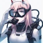  1girl ai-generated blue_eyes bodysuit breasts darling_in_the_franxx diving_mask diving_regulator diving_suit goggles long_hair looking_at_viewer parted_lips pink_hair scuba scuba_gear skin_tight wet wetsuit white_bodysuit white_wetsuit zero_two_(darling_in_the_franxx) 