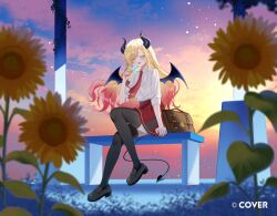  :p asymmetrical_sidelocks black_horns black_shoes black_thighhighs blonde_hair blurry blurry_foreground breasts closed_mouth clouds collared_shirt commentary_request copyright_notice demon_girl demon_horns demon_tail demon_wings dusk facing_viewer flower food full_body gradient_hair hair_ribbon holding holding_food holding_popsicle hololive horn_ornament horn_ring horns large_breasts loafers long_hair miniskirt multicolored_hair myusha necktie official_art on_bench open_mouth outdoors pink_hair plaid_clothes plaid_skirt pointy_ears popsicle red_necktie red_skirt ribbon shirt shirt_tucked_in shoes sidelocks sitting skirt smile sunflower swept_bangs tail thigh-highs three-quarter_sleeves tongue tongue_out tress_ribbon virtual_youtuber white_shirt wings yuzuki_choco 
